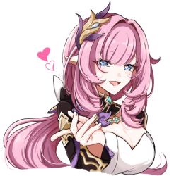  blue_eyes breasts cleavage commentary_request corset cropped_torso elf elysia_(honkai_impact) elysia_(miss_pink_elf)_(honkai_impact) female hair_ornament heart highres honkai_(series) honkai_impact_3rd large_breasts long_hair looking_at_viewer open_mouth pink_hair pointy_ears simple_background smile solo t_sgorilla white_background white_corset 