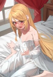  absurdres age_regression aged_down angelica_rafa_redgrave blonde_hair breasts chorogon commission dress female highres indoors long_hair on_bed otome_gee_sekai_wa_mob_ni_kibishii_sekai_desu pixiv_commission red_eyes small_breasts very_long_hair white_dress 