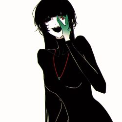  :d black_dress black_eyes blunt_bangs breasts colored_extremities covered_collarbone dress facial_mark female green_eyes hand_on_own_face heterochromia long_sleeves medium_breasts naihe_(female)_(touqi_guaitan) open_mouth ruo4327004 simple_background smile solo teeth touqi_guaitan turtleneck turtleneck_dress upper_teeth_only white_background 