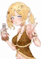  alternate_costume bead_necklace beads blonde_hair blue_eyes breasts charm_(object) female frown gyaru hair_ornament happy_(yppah1060) holding holding_phone hololive hololive_english jewelry medium_breasts nail_polish navel necklace phone v virtual_youtuber watson_amelia 