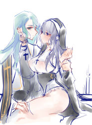  2girls absurdres aqua_hair bang_dream! black_hair breasts commentary cross cross_earrings cross_necklace earrings green_eyes habit hair_between_eyes heart heart-shaped_pupils highres hikawa_sayo jewelry kawa_(trash0kawa) large_breasts leotard long_hair long_hair_between_eyes multiple_girls necklace open_mouth purple_eyes shirokane_rinko sitting sweatdrop symbol-shaped_pupils thighhighs white_thighhighs yuri 