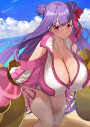  bare_shoulders beach blue_sky breasts cleavage closed_mouth collared_jacket double_bun fate/grand_order fate_(series) female hair_bun hair_ribbon highres huge_breasts huge_claws jacket long_hair looking_at_viewer multicolored_clothes multicolored_jacket ocean outdoors passionlip_(fate) pink_jacket purple_eyes purple_hair ribbon sky solo sweat swimsuit two-tone_jacket untue white_jacket zipper_pull_tab 