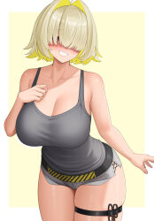  black_shorts blonde_hair breasts collarbone elegg_(nikke) female goddess_of_victory:_nikke hair_over_eyes highres large_breasts short_hair shorts smile solo thigh_strap thighs wei_xiao yellow_background 