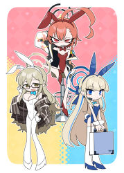  3girls akane_(blue_archive) akane_(bunny)_(blue_archive) animal_ears aqua_bow aqua_bowtie blonde_hair blue_archive blue_eyes blue_halo blue_leotard bow bowtie braid breasts briefcase cartoonized detached_collar earpiece fake_animal_ears glasses gloves halo highres jacket large_breasts leotard long_hair matsumoto_tomoyohi multiple_girls neru_(blue_archive) neru_(bunny)_(blue_archive) official_alternate_costume pantyhose playboy_bunny rabbit_ears red_eyes red_leotard sharp_teeth strapless strapless_leotard sukajan teeth thighhighs toki_(blue_archive) toki_(bunny)_(blue_archive) toon_(style) white_leotard white_thighhighs wrist_cuffs 