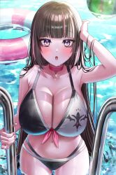  absurdres bare_shoulders bikini black_bikini black_hair blunt_bangs blush breasts choker cleavage collarbone female highres innertube large_breasts long_hair looking_at_viewer navel open_mouth original pool poolside purple_eyes solo swim_ring swimsuit two-tone_bikini virtual_youtuber water white_bikini yayoi_maka 