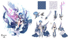  almace_(phantom_of_the_kill) ass back blue_hair bug butterfly crossed_bangs da-kuro female from_behind full_body hair_between_eyes hair_ornament holding holding_sword holding_weapon looking_at_viewer looking_back midriff official_alternate_costume official_art outstretched_arm phantom_of_the_kill pink_eyes profile purple_eyes reference_sheet shoes short_shorts shorts standing sword weapon white_background 