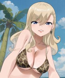  alternate_costume animal_print bikini blonde_hair blue_eyes breasts brown_bikini cloud day eden&#039;s_zero female gaston18 highres large_breasts leopard_print leopard_print_bikini long_hair looking_at_viewer outdoors palm_tree print_bikini rebecca_bluegarden solo swimsuit tree underboob upper_body 