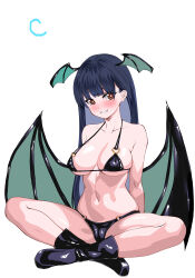  animal_print arms_behind_back bat_print bikini black_bikini black_footwear black_wings blue_hair blush boku_no_kokoro_no_yabai_yatsu boots breasts brown_eyes clenched_teeth collarbone crossed_legs dark_blue_hair female full_body head_wings heart large_breasts long_hair looking_at_viewer low_wings mole mole_on_neck mole_on_thigh multiple_moles navel simple_background sitting solo spread_legs string_bikini swimsuit teeth unai_suken white_background wings yamada_anna 