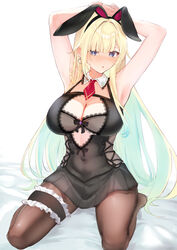  :o aizawa_ema animal_ears armpits arms_behind_head bare_shoulders belly black_bow black_dress blonde_hair blue_eyes blue_hair blunt_bangs blush bow bra breasts brown_pantyhose cat_earrings center_opening chest_belt collar commission cosplay covered_navel cross-laced_clothes cross-laced_dress cross-laced_slit detached_collar dress fake_animal_ears female frilled_collar frills gradient_hair grey_bra highres lace-trimmed_bra lace-trimmed_dress lace_trim large_breasts long_hair looking_at_viewer micro_bra multicolored_hair necktie nose_blush pantyhose pleated_dress purelove_acc rabbit_ears red_necktie see-through seiza short_dress short_necktie sitting skeb_commission solo sweat thigh_strap thighs underwear very_long_hair virtual_youtuber vspo! wing_collar yakumo_beni yakumo_beni_(2nd_costume) yakumo_beni_(cosplay) 