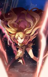  arms_at_sides asymmetrical_legwear asymmetrical_sleeves bent_over black_leotard black_sleeves black_thighhighs blonde_hair blurry blurry_background blurry_foreground bow cage cape closed_mouth commentary ereshkigal_(fate) fate/grand_order fate_(series) female floating_hair glowing glowing_weapon hair_floating_upwards hair_intakes hairbow holding holding_weapon infinity_symbol leotard light_particles long_hair long_sleeves meslamtaea_(weapon) night noble_phantasm_(fate) orange_eyes outdoors outstretched_arms red_bow red_cape signature single_sleeve single_thighhigh smile solo spine spread_legs thighhighs tiara twintails very_long_hair weapon yukleeeee 