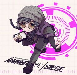  beanie belt black_footwear black_hair blue_eyes braid copyright_name dokkaebi_(rainbow_six_siege) female gloves grey_hat hat holding holding_tablet_pc nekogun-nyamulu oerba_yun_fang partially_fingerless_gloves rainbow_six_siege solo standing standing_on_one_leg sunglasses tablet_pc twin_braids 