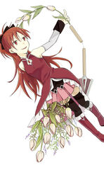  arm_at_side armpit_peek bare_shoulders black_ribbon black_thighhighs boots breasts chains commentary detached_sleeves dot_nose dutch_angle english_commentary feet_out_of_frame female fingernails flower hair_between_eyes hair_ribbon hand_up holding holding_polearm holding_weapon knee_boots leaf light_smile long_hair looking_away mahou_shoujo_madoka_magica mahou_shoujo_madoka_magica_(anime) parted_lips pink_skirt pleated_skirt polearm ponytail purple_flower red_eyes red_footwear red_hair ribbon sakura_kyoko sakura_kyoko_(magical_girl) simple_background skirt sleeveless small_breasts solo soul_gem spear teeth thighhighs tulip upper_teeth_only usako_(arisusagi) weapon white_background white_flower white_tulip 