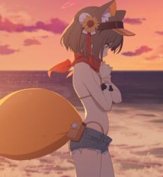  absurdres animal_ear_fluff animal_ears beach bikini blue_archive blush brown_hair cutoffs denim denim_shorts eyeshadow female flower fox_ears fox_girl fox_tail game_cg hair_flower hair_ornament halo hand_on_own_chest highleg highleg_bikini highres holding_own_arm izuna_(blue_archive) izuna_(swimsuit)_(blue_archive) looking_down looking_to_the_side makeup medium_hair micro_shorts nail_polish non-web_source ocean official_alternate_costume official_art open_fly pink_halo pom_pom_(clothes) pom_pom_hair_ornament red_eyeshadow red_halo red_scarf rope scarf shimenawa shorts solo sunflower sunflower_hair_ornament swimsuit tail visor_cap yellow_eyes yellow_nails yutokamizu 