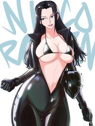  :d absurdres alternate_costume black_bodysuit black_bra black_hair blue_eyes bodysuit bra breasts character_name cleavage collarbone cowboy_shot earrings english_commentary eyewear_on_head female forehead helmet highres holding holding_key jewelry key large_breasts long_hair looking_away navel nico_robin one_piece opalis open_bodysuit open_clothes open_mouth shiny_clothes simple_background skindentation smile solo string_bra sunglasses teeth thick_thighs thigh_gap thighs underwear upper_teeth_only v-shaped_eyebrows white_background wide_hips 