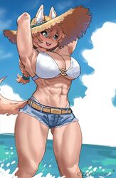  2023 abs absurd_res alternative_fashion amekaji animal_humanoid big_breasts bikini bikini_top blue_eyes bottomwear braided_hair breasts canid canid_humanoid canine canine_humanoid clothing cutoffs denim denim_bottomwear denim_clothing ezzyecchi female freckles furgonomics gyaru hair hat headgear headwear hi_res humanoid j-fashion mammal mammal_humanoid muscular muscular_female o-ring_bikini_top quads raised_arms shorts solo straw_hat swimwear water 