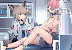  2020 aniao_ya animal_humanoid arknights black_earbuds black_headphones blue_eyes blue_poison_(arknights) bottomwear bra breasts canid canid_humanoid canine canine_humanoid choker clothed clothing coat duo earbuds electronics female fox_humanoid gloves grey_earbuds grey_headphones hair handwear headphones hi_res hospital human humanoid hypergryph inside jewelry lab_coat male mammal mammal_humanoid medical_instrument multicolored_earbuds multicolored_headphones necklace oripathy_lesion pink_hair red_earbuds red_headphones scientific_instrument shorts sitting stethoscope studio_montagne sussurro_(arknights) topwear underwear white_earbuds white_headphones 