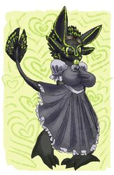  2022 4_ears 4_toes anthro avali avian bell bell_collar big_breasts black_body black_collar black_feathers black_feet black_head black_tail blep border breasts clothed clothed_female clothing collar eyewear eyewear_on_head feathers feet female female_(lore) female_anthro goggles goggles_on_head green_background green_body green_eyes green_feathers green_tongue grey_clothing hands_behind_back heart_eyes heart_symbol maid_uniform multi_ear non-mammal_breasts plasticgutz retro_(retrozone) short_stack simple_background solo standing tail toes tongue tongue_out uniform white_border 