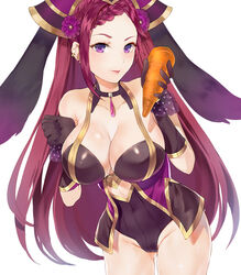  animal_ears black_gloves breasts carrot choker cleavage commentary_request earrings fake_animal_ears female fire_emblem fire_emblem_heroes flower gloves hair_flower hair_ornament hat holding jewelry jurge large_breasts loki_(fire_emblem) loki_(spring)_(fire_emblem) long_hair parted_lips purple_eyes purple_hair rabbit_ears simple_background solo white_background 