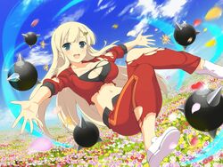  :d aqua_eyes black_sports_bra blonde_hair blue_sky blush bomb breasts cleavage cloud collarbone day energy explosive falling_petals female field flower flower_field fuse grass hair_ornament hairclip jacket large_breasts lit_fuse long_hair looking_at_viewer midair midriff navel official_alternate_costume official_art open_mouth outdoors pants petals pink_flower purple_flower red_flower red_jacket red_pants red_track_suit senran_kagura senran_kagura_shoujo-tachi_no_shin&#039;ei shiny_skin sky smile solo sparkle sparks spikes sports_bra teeth third-party_source tongue torn_clothes torn_jacket torn_pants torn_sports_bra upper_teeth_only white_flower white_footwear yaegashi_nan yellow_flower yomi_(senran_kagura) 