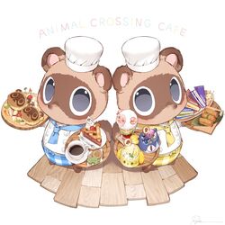  2boys animal_crossing apron blue_apron brewster_(animal_crossing) brothers cake cake_slice candy chef chef_hat cherry coffee copyright_name dom_(animal_crossing) eloise_(animal_crossing) food fork fruit grey_background hat holding isabelle_(animal_crossing) jacket looking_at_viewer multiple_boys neckerchief no_humans plate rover_(animal_crossing) ryota_(ry_o_ta) siblings simple_background timmy_(animal_crossing) tommy_(animal_crossing) twins white_jacket wooden_floor yellow_apron 