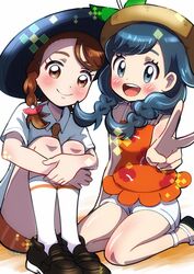  2girls absurdres black_footwear black_hair blue_eyes blush braid brown_eyes brown_hair green_footwear hand_on_own_arm hat highres juliana_(pokemon) knees_up multiple_girls naranja_academy_school_uniform necktie orange_necktie orange_shorts pokemon pokemon_sv pokemon_usum print_tank_top school_uniform seiza selene_(pokemon) sheyona shirt shoes short_sleeves shorts single_braid sitting smile socks sun_hat twin_braids v white_shirt white_shorts white_socks 