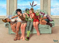  6+girls absurdres ancient_greek_clothes antennae armor black_hair blush breasts brown_hair celtic cleavage cloud commentary_request controller couch crack cracked_wall elf fairy fairy_wings feathers greco-roman_clothes greece greek_helmet helmet highres hindsart hoplite large_breasts leather light_smile looking_at_viewer lying_on_person metal military multiple_girls ogre original phrygian_cap phrygian_helmet pointy_ears reclining renaissance roman_armor roman_empire short_hair sitting smile tunic wings yuri 