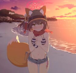  absurdres animal_ear_fluff animal_ears beach bikini blue_archive blush breasts brown_hair cutoffs denim denim_shorts eyeshadow female flower fox_ears fox_girl fox_tail game_cg hair_flower hair_ornament halo hand_on_own_chest highleg highleg_bikini highres holding_own_arm izuna_(blue_archive) izuna_(swimsuit)_(blue_archive) looking_at_viewer looking_down looking_to_the_side makeup medium_hair micro_shorts nail_polish navel non-web_source ocean official_alternate_costume official_art open_fly pink_halo pom_pom_(clothes) pom_pom_hair_ornament red_eyeshadow red_halo red_scarf rope sand scarf scrunchie shimenawa shorts small_breasts solo striped_bikini striped_clothes sunflower sunflower_hair_ornament swimsuit tail visor_cap wrist_scrunchie yellow_eyes yellow_nails yutokamizu 