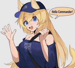  :d animal_ears bare_shoulders between_breasts blonde_hair blue_eyes blue_shirt blush breasts chesed_(uporyz) commentary dog_ears dog_tail english_text eyes_visible_through_hair female girls&#039;_frontline grey_background hair_between_eyes hat highres long_hair looking_at_viewer m500_(daydreaming_in_class)_(girls&#039;_frontline) m500_(girls&#039;_frontline) medium_breasts oerba_yun_fang open_mouth shirt simple_background smile solo speech_bubble tail upper_body waving 