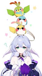  &gt;_&lt; ? animal_on_head aqua_eyes bare_shoulders bead_bracelet beads bird bird_on_head blue_hair bracelet commentary detached_sleeves dress female gloves hair_intakes head_wings highres honkai:_star_rail honkai_(series) jewelry long_hair looking_at_viewer nirako_mona on_head origami_bird_(honkai:_star_rail) robin_(honkai:_star_rail) short_sleeves simple_background star_(symbol) strapless strapless_dress upper_body very_long_hair white_background white_dress white_gloves wings 