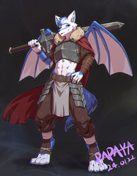  anthro armor blue_eyes blue_hair blue_markings bottomwear brown_bottomwear brown_clothing brown_pants brown_topwear canid chaps cheek_tuft clothed clothing digitigrade facial_tuft front_view full-length_portrait fur grey_bottomwear grey_clothing grey_loincloth hair hi_res holding_melee_weapon holding_object holding_sword holding_weapon inner_ear_fluff loincloth looking_at_viewer male mammal markings melee_weapon membrane_(anatomy) membranous_wings multicolored_hair narrowed_eyes open_mouth pants papayafurry portrait solo standing sword sword_on_shoulder topwear tuft two_tone_hair weapon white_body white_fur white_hair white_inner_ear_fluff white_wings wings 