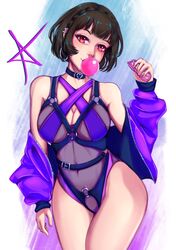  absurdres bare_shoulders belt black_belt blowing_bubbles blunt_bangs bodysuit bondage_outfit breasts chewing_gum choker cleavage covered_navel cowboy_shot ear_piercing earrings female harness heart heart_choker highres holding holding_removed_eyewear hoop_earrings jewelry large_breasts looking_at_viewer midriff_peek niijima_makoto o-ring o-ring_harness persona persona_5 piercing red_draws5 red_eyes see-through short_hair smile solo thighs unworn_eyewear 