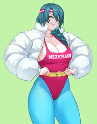  alternate_costume artist_name belt braid breasts cleavage collarbone commentary contemporary female fire_emblem fire_emblem_heroes green_background grey_hair hands_on_own_hips headband highleg highleg_leotard jacket large_breasts leotard long_hair long_sleeves looking_at_viewer meziosaur open_clothes open_jacket pantyhose parted_lips simple_background single_braid smile solo thighs thorr_(fire_emblem) white_jacket yellow_eyes 