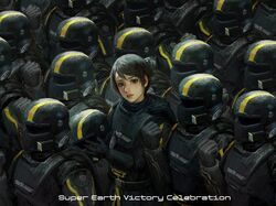  6+others armor black_cape black_gloves black_hair breastplate brown_eyes cape clenched_hand commentary english_commentary english_text female gloves hair_bun helldiver_(helldivers) helldivers_(series) helmet highres holding holding_helmet looking_at_viewer multiple_others odd_one_out salute short_hair single_hair_bun solo_focus unworn_headwear unworn_helmet xianggang_jizhe 