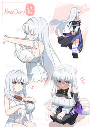  ! :o arms_behind_back artist_name bare_arms bare_shoulders black_footwear black_skirt breasts brushing_hair dress female floating_hair from_side grey_hair hair_spread_out hand_in_own_hair highres holding holding_brush holding_own_hair kana_ami kneeling large_breasts leg_warmers legs_together long_hair looking_at_viewer multiple_views musical_note notice_lines oppai_loli original outstretched_arms own_hands_together red_eyes ribbed_dress shoes short_dress sideboob sitting skirt sleeveless sleeveless_dress spoken_exclamation_mark squeans straight_hair stretching surprised very_long_hair watermark white_background white_dress 