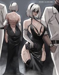  1boy 2b_(nier:automata) aelion_draws ass backless_dress backless_outfit bag black_blindfold black_dress black_footwear black_gloves black_hairband blindfold boots breasts chains criss-cross_back-straps dark-skinned_male dark_skin dress elbow_gloves english_commentary evening_gown female gloves gold_chain hairband halter_dress halterneck handbag highres hip_vent holding holding_bag large_breasts meme_attire modakawa_dress mole mole_under_mouth multicolored_clothes multicolored_gloves multiple_views nier:automata nier_(series) paid_reward_available parted_lips patreon_username queen_of_spades_symbol short_hair simple_background smile spade_tattoo suit tattoo thigh_boots tight_clothes tight_dress watch white_gloves white_hair white_suit wristwatch 