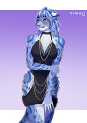  2024 5_fingers anthro arm_under_breasts blue_body blue_eyes blue_hair blue_spots blush breasts chain_jewelry chest_tuft claws clothing dress felid feline female fingers fur grey_body grey_fur hair hi_res hip_tuft holding_arm hollow_hip_backless_chain_dress khajiit leopard long_hair looking_sideways m&#039;ria_(maks_hunt) mammal markings meme meme_clothing microsoft nimari pantherine shy silver_(metal) simple_background snow_leopard solo spots spotted_body spotted_fur standing tail text the_elder_scrolls tuft url white_body white_fur 