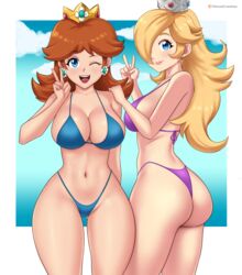  2girls alternate_breast_size ass bikini blonde_hair blue_bikini blue_eyes blue_sky breasts brown_hair cleavage cloud crown earrings flipped_hair flower_earrings gold_crown gummslime hair_over_one_eye highleg highleg_bikini highres jeweled_crown jewelry large_breasts long_hair mario_(series) multiple_girls navel parted_bangs princess_daisy purple_bikini rosalina sky swimsuit thong_bikini v white_crown 