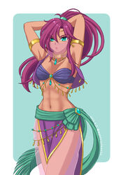  absurdres armlet armpits blue_bra bra breasts cowboy_shot dancer dark-skinned_female dark_skin dated faris_scherwiz female final_fantasy final_fantasy_5 green_eyes hands_in_hair highres jewelry looking_up mask medium_breasts midriff moneysakamoto navel necklace open_mouth ponytail purple_hair see-through see-through_mask see-through_sleeves solo toned toned_female twitter_username underwear upper_body 