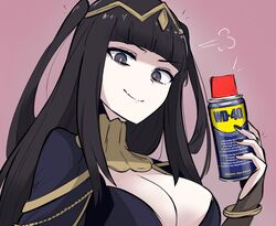  anachronism black_eyes black_hair black_nails blunt_bangs breasts bridal_gauntlets can cleavage closed_mouth commentary english_commentary eyelashes female fire_emblem fire_emblem_awakening gradient_background holding holding_can large_breasts long_hair looking_at_viewer puff_of_air red_background smile solo spray_can tavi_(hosheezus) tharja_(fire_emblem) tiara two_side_up upper_body v-shaped_eyebrows wd-40 