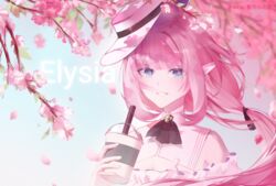  absurdres artist_name bare_shoulders blue_eyes blue_sky blurry blurry_background branch breasts character_name cleavage commentary_request cup depth_of_field disposable_cup drinking_straw elysia_(honkai_impact) elysia_(sweet_memories)_(honkai_impact) female floating_hair flower hat highres holding holding_cup honkai_(series) honkai_impact_3rd long_hair looking_at_viewer off-shoulder_shirt off_shoulder official_alternate_costume petals pink_flower pink_hair pointy_ears seele_(ffva7257) shirt sky smile solo tilted_headwear upper_body white_hat white_shirt 