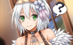  20nigu ? blurry blurry_background blush breasts brown_choker choker closed_mouth commentary_request commission cross dutch_angle feather_hair_ornament feathers female flower fur_collar green_eyes grey_flower grey_hair hair_between_eyes hair_flower hair_ornament indoors long_bangs looking_at_viewer medium_breasts paid_reward_available ragnarok_online shadow_chaser_(ragnarok_online) short_hair skeb_commission smile solo spoken_question_mark upper_body window 