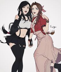  2girls absurdres aerith_gainsborough bangle bare_shoulders black_hair black_skirt black_thighhighs bracelet braid braided_ponytail breasts brown_hair commentary_request crop_top cropped_jacket dress elbow_gloves feet_out_of_frame final_fantasy final_fantasy_vii final_fantasy_vii_rebirth final_fantasy_vii_remake fingerless_gloves gloves green_eyes grey_background hair_ribbon hand_up haru_udon highres holding_hands jacket jewelry large_breasts long_hair looking_at_viewer low-tied_long_hair materia midriff multiple_girls navel open_clothes open_jacket open_mouth parted_bangs pink_dress pink_ribbon red_eyes red_jacket ribbon simple_background single_sidelock skirt small_breasts suspender_skirt suspenders swept_bangs tank_top teeth thighhighs tifa_lockhart upper_teeth_only white_tank_top zettai_ryouiki 