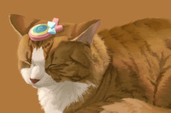  accessory ambiguous_gender bow_accessory candy closed_eyes colored dessert detailed detailed_fur digital_media_(artwork) digital_painting_(artwork) domestic_cat dreamscreep felid feline felis feral fluffy food fur hair_accessory hairclip lollipop lying mammal markings on_front orange_body orange_fur orange_theme pink_nose prick_ears realistic_feral shaded snout solo striped_body striped_fur stripes tabby_cat white_markings 