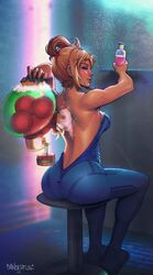  1other absurdres alien ass back blonde_hair blue_bodysuit blue_eyes bodysuit breasts cleavage danderfull english_commentary female folded_ponytail from_behind full_body highres holding holding_sponge large_breasts metroid metroid_(creature) no_bra parted_lips partially_undressed samus_aran shower_(place) showering sideboob sitting smile soap soap_bubbles solo_focus sponge stool unzipped washing_another washing_back zero_suit 