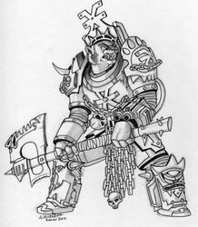  amonomega angry anthro armor axe badger bared_teeth battle_axe black_and_white bolter bone boots chainaxe chains chaos_lord chaos_space_marine clothed clothing double_barreled_gun footwear fully_clothed hi_res holding_object holding_weapon khorne_berzerker khorne_symbol line_art machine male mammal monochrome mustelid musteline pauldron power_armor shoulder_pads showing_teeth simple_background skull solo space_marine_armor spiked_armor spiked_boots spiked_clothing spiked_footwear spiked_shoulder_pads spikes storm_bolter two_handed_axe warhammer_(franchise) weapon white_background wrist_gun zhufor_the_impaler 