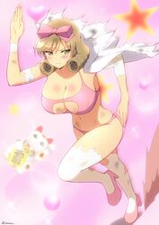  artist_name blush body_blush bow bra breasts bruise bruised_chest calico cleavage closed_mouth coin curly_hair dust_cloud female frown full_body gloves gold green_eyes groin hairbow haruka_(senran_kagura) heart highres huge_breasts injury koban_(gold) lab_coat lemonrou lens_flare light_brown_hair maneki-neko mary_janes navel panties pink_background pink_bow pink_bra pink_footwear pink_panties running senran_kagura senran_kagura_shoujo-tachi_no_shin&#039;ei shiny_skin shoes short_hair skindentation solo sparkle star_(symbol) swept_bangs thighhighs torn_clothes torn_coat torn_gloves torn_sleeves torn_thighhighs twitter_username underwear white_thighhighs 