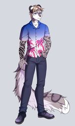  2018 aloha_shirt anime_style anthro arm_tattoo black_clothing black_footwear black_shoes blonde_hair blue_clothing blue_eyes blue_shirt blue_topwear bottomwear clothing denim denim_bottomwear denim_clothing ear_piercing felid fluffy fluffy_tail footwear fur grey_body grey_bottomwear grey_clothing grey_fur grey_jeans grey_pants hair hi_res jeans looking_at_viewer male mammal markings pantherine pants pattern_clothing pattern_shirt pattern_topwear piercing pink_palms rokito serkhio_stil shirt simple_background snow_leopard solo spots spotted_body spotted_fur spotted_markings spotted_tail tail tail_markings tattoo topwear white_background white_body white_clothing white_fur white_shirt white_topwear 