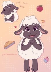  amanda_the_adventurer anthro apple blah_blah_blah bovid caprine crossed_arms cupcake food fruit heart_symbol hi_res jyllhedgehog367 looking_at_viewer male mammal open_mouth open_smile pie_(food) plant sheep smile star unimpressed wooly_(amanda_the_adventurer) 