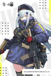  404_logo_(girls&#039;_frontline) 40mm_grenade acog assault_rifle beret blunt_bangs earpiece facial_mark female girls&#039;_frontline gloves green_eyes grey_hair griffin_&amp;_kryuger grip gun h&amp;k_hk416 hair_ornament hat heckler_&amp;_koch highres hk416_(girls&#039;_frontline) holding holding_gun holding_weapon laser_sight long_hair looking_at_viewer nagikoru radio red_gloves rifle solo teardrop teardrop_facial_mark teardrop_tattoo third-party_edit weapon 