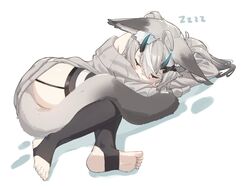  animal_ear_fluff animal_ears black_thighhighs cat_ears cat_girl cat_tail commentary ears_down feet female full_body garter_straps grey_hair grey_sweater heel-less_legwear highres horns long_hair long_sleeves lying mosou_cat_girl_(mosou_keito) mosou_keito no_pants no_shoes off-shoulder_sweater off_shoulder on_side original sleeping sleeves_past_fingers sleeves_past_wrists soles solo stirrup_legwear sweater symbol-only_commentary tail thighhighs toeless_legwear toes white_thighhighs zzz 